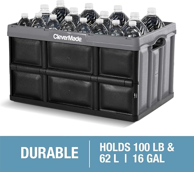 CleverMade Collapsible Storage Bins, 62L, 3 Pack, Ocean | Extra-large bins support 100 lb for groceries, tools, and gear. They stack securely and fold to 2.75 inches for storage.