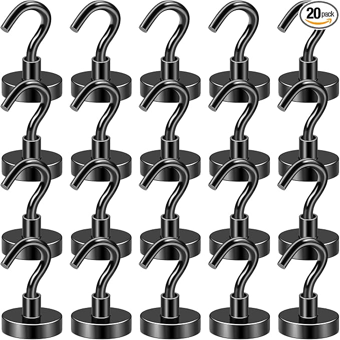 DIYMAG Magnetic Hooks 20pcs 50lbs Cruise Essentials 2026 Magnet Hook Black | Neodymium Heavy Duty Strong Magnets Hanging Ship Cabins Refrigerator Fridge Classroom Beach Vacation Kitchen Grills Home Tool