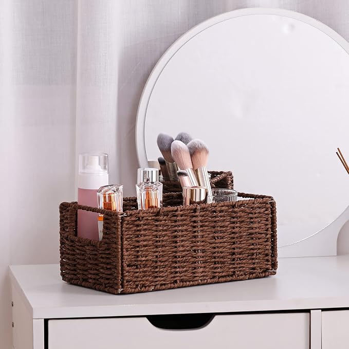Vagusicc Wicker Storage Basket, Set of 2 Hand-Woven Paper Rope Wicker Basket, Small Storage Baskets for Organizing Toilet Paper Basket, Foldable Large Cube Storage Organizer Bins for Shelves (Brown)
