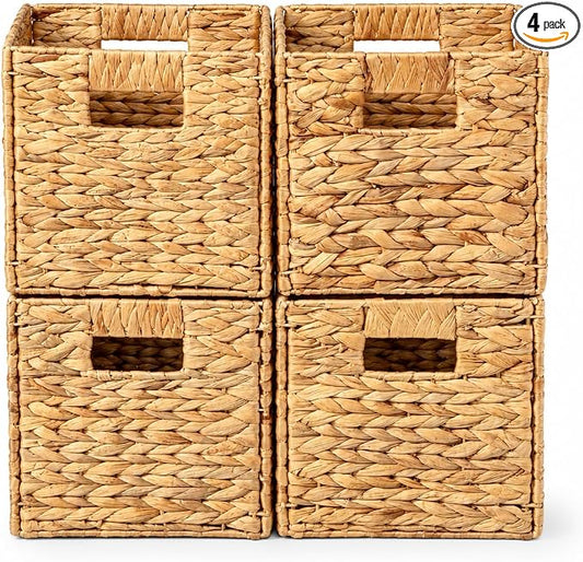 4 Decorative Hand-Woven Water Hyacinth Wicker Storage Basket, 9x9x9