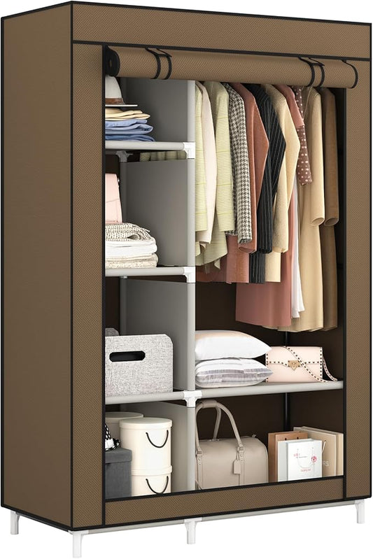 Calmootey Portable Closet Organizer, Space-Saving Storage System for Home | Sturdy Rod for Coats, 6 Shelves for Folded Clothes, 4 Side Pockets for Small Items, Non-Woven Dustproof Cover, Brown