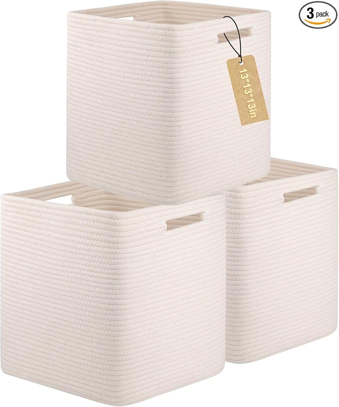 OIAHOMY Storage Cubes, 13 Inch Cube Storage Organizer, Collapsible Storage Bins, Baskets for Organizing, Storage Bins for Shelves-White, 3-PACK
