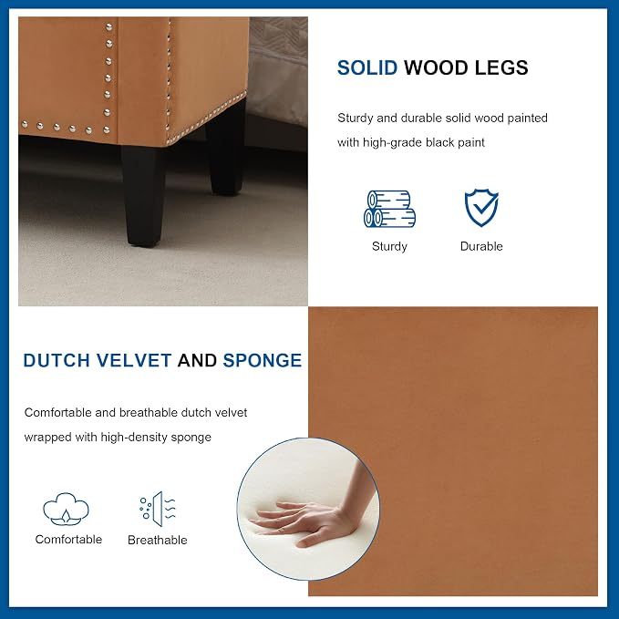 Storage Ottoman Bench, Velvet Upholstered Footstool for Bedroom and Living Room, Frosted Flannel Seat with Storage, Wooden Legs & Metal Rivets, Orange