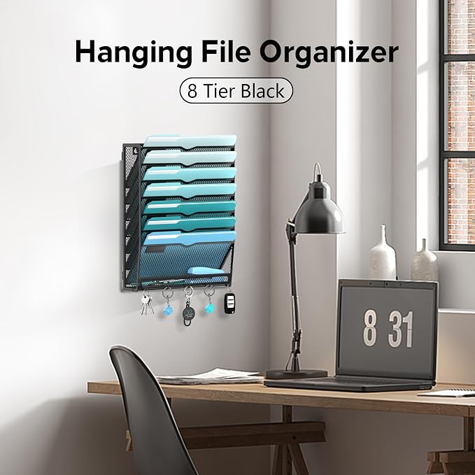 2 Pack 8-Tier Hanging Wall File Organizer with 5 Hooks, Mesh Wall File Holder Vertical Mount Mail Organizer for Papers, Folders, Magazines, Bills, Office and School, Black