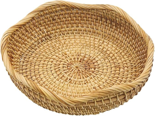 8.7" Round Rattan Basket Small Wavy Edge Handwoven Wicker Tray | Round Wicker Bowl for Fruit Bread Keys, Natural Handwoven Basket for Kitchen Entryway Table, Rustic Boho Decor Gift Accent