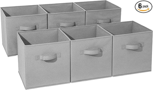 Basic Fabric Storage Bins 10.6 x 10.6 x 11 Storage Cubes 6 Pack Grey | Foldable Clothing Storage Bins, Reinforced Handles, Sturdy, Lightweight, Space-Saving, For Closet, Shelf, Nursery And Bedroom