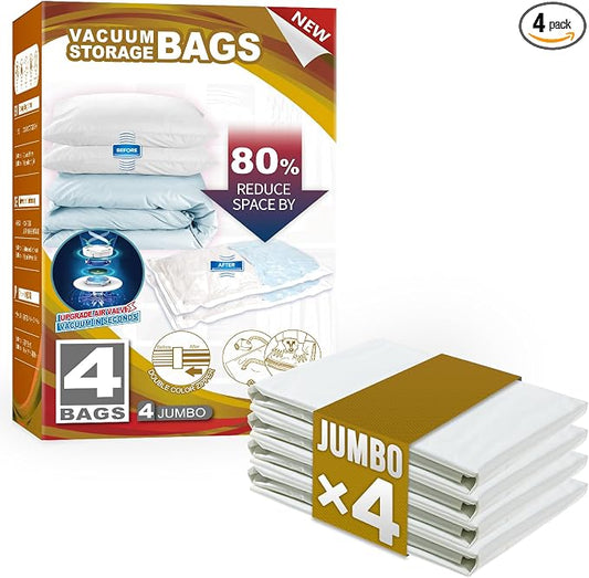 TAILI 4 Pack Vacuum Storage Bags, Jumbo Size (31×40 inch), Cream | Vacuum Seal Bags for Clothing, Extra Large Space Saver for Bulky Beddings, Comforters, Blankets, Pillows, Reusable