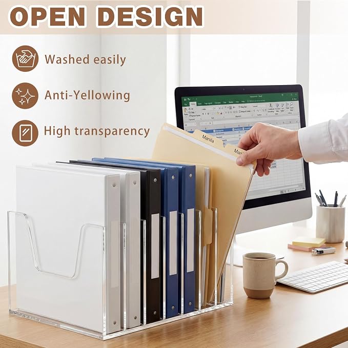 Wenqik 7 Section Clear Acrylic Desktop File Organizer Vertical File Sorter 4mm Thick, Large Capacity Upright Magazine Organizer, Book Paper, Notebooks, Envelopes, Mail Holder