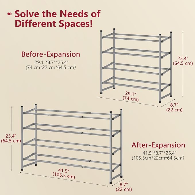 Expandable Shoe Rack for Closet 4 Tier, 28“-41“Stackable, Grey | Adjustable Shoe Organizer Closet Shoe Rack Floor, Metal Shoe Shelf Storage for Entryway, Closet, Garage, Front Door Entrance