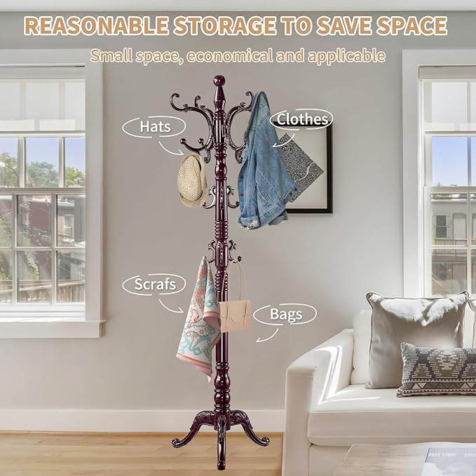 ZOZOE Wooden Coat Rack Stand,Vintage Coat Rack Freestanding with 14 Hooks | Solid Wood Coat Rack,Classic Coat Hanger Stand,Natural Birch Wood Coat Clothes Hall Tree Stand for Entryway Hallway Corner