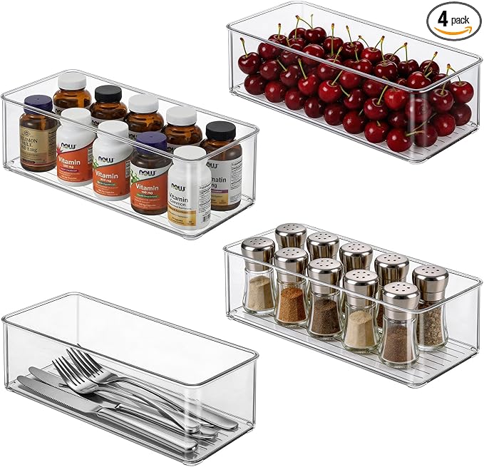 Hudgan 4 Packs Refrigerator Organizers and Storage, 4 Small Stackable Clear Plastic Bins for Pantry Organizer, Home Edit, Kitchen Cabinet, Fridge, Bathroom, Office, Drawer