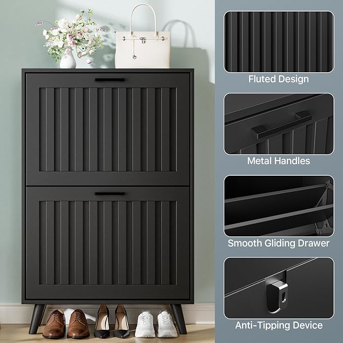 Shoe Storage Cabinet with 2 Flip Drawers, Modern Freestanding Organizer with Adjustable Shelf, Narrow Shoe Rack Cabinet for Entryway, Black