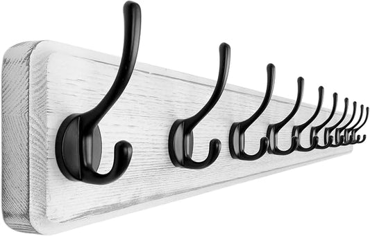 Coat Rack Wall Mount: 38-1/4" Long, Patented, Heavy-Duty, 10-Double-Hooks Wooden Hanger Rail for Winter Coats Hat Jacket Clothing, White & Black