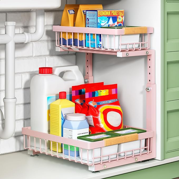 Kitstorack Under Sink Organizer, 2 Tier Under the Sink Storage, Slide out Pull out Cabinet Organizer Shelf, Metal Sliding Drawer for Kitchen Bathroom Pantry Closet Organization Rack, Pink, 1 Pack