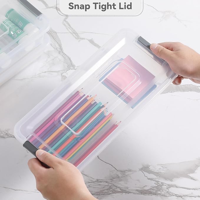 novelinks 4 Quart Clear Plastic Storage Containers with Lids (8 Pack) | Storage Bins with Lids, Stackable Small Clear Bins, Craft Storage Box, Paper Storage, Under Bed Storage Bins, Pencil Box