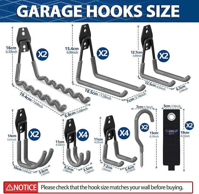 3-H Heavy Duty Garage Hooks, 20 Pack Wall Storage Organizer,Gray | Multi-Purpose Garage Hooks to Organize Garden Lawn Tools, Sports Gear, Ladders, Power Tools & Outdoor Hoses