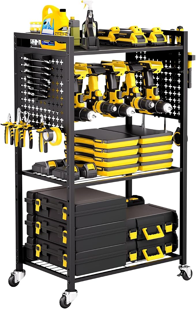 VEVOR 4-Tier Tool Organizer Cart, 150 lbs Load Capacity, Floor Stand Rolling Drill Holder and Stability Storage Rack, Heavy Duty Garage Floor Rolling Storage Cart for Workshop, Garage, Black