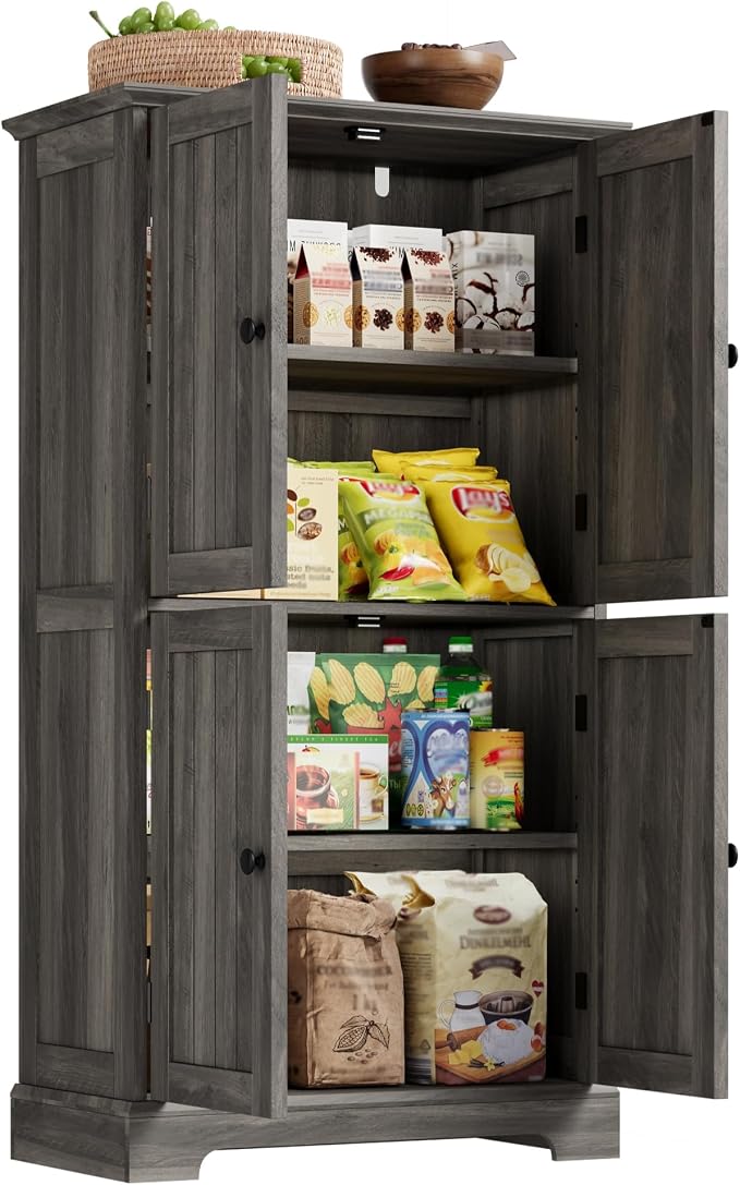 ChooChoo Bathroom Floor Cabinet with Adjustable Shelves | Bathroom Storage Cabinet, 4 Doors, Freestanding Cupboard for Living Room, Kitchen Pantry, Retro Grey