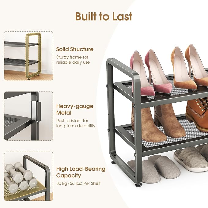 SAYZH 2-Tier Expandable Shoe Rack for Closet, Adjustable Metal Shoe Organizer with Sturdy Mesh Shelves for Boots & Heels, Stackable Shoe Storage for Entryway, Garage, Small Spaces (Grey, 2-Tier)