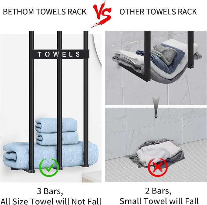 Bethom Towel Racks for Bathroom, Towel Storage Holder Space Saving, Black | 30 Inch Towel Rack for Rolled Towels, Modern Minimalist Style, Rust-Proof, Perfect for narrow shower wall & compact bathrooms