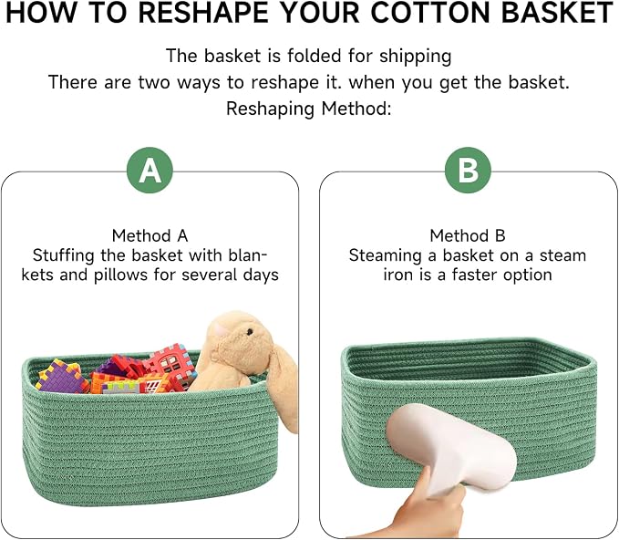 MiniArk Small Storage Baskets for Organizing | Closet Organizer Bins | Shelf Toy Basket | Woven Rope Baskets | Cube Decorative Box | Shallow Basket | 13x8.5x5.1” | 3 Packs Green