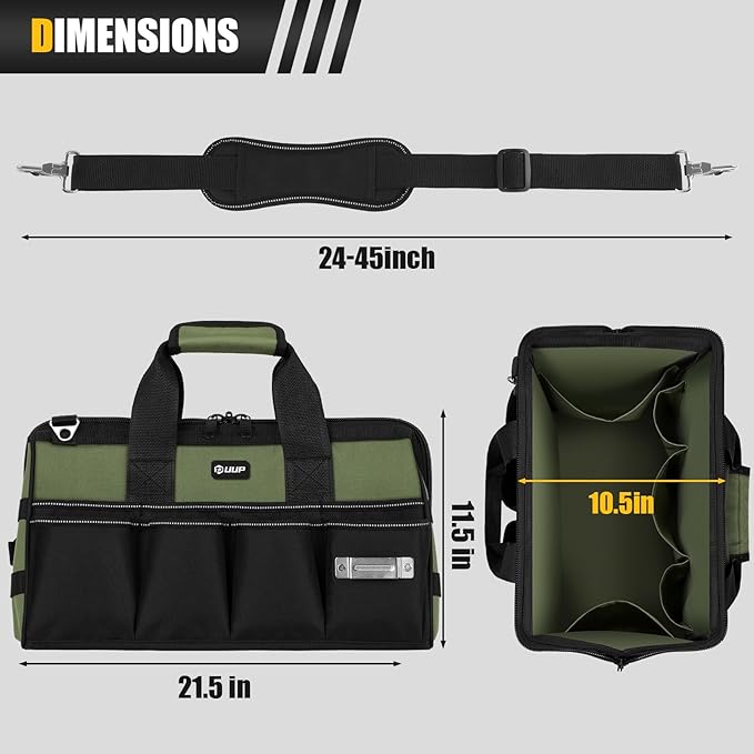 UUP Tool Bag Extra Large 20", Heavy Duty Spacious Tool Box Organizer, Green | 16 Pockets & MOLLE. Detachable Strap & Handle. Non-slip Base, Metal Buckle. 30lb Holds Drill/Tool on Truck, Garage, Men Gift.