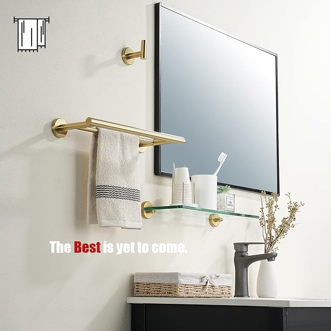 JQK Double Towel Bar Gold, 15 Inch 304 Stainless Steel Thicken 0.8mm Towel Rack Holder for Bathroom Washcloths and Hand Towels, Brushed Gold Wall Mount, Useable Length 12 Inch, TB100L12-BG