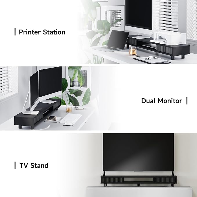 Fenge Dual Monitor Stand with Storage, Desk Shelf with Glass Sliding Door | Ergonomic Height Adjustment, 42.5in Monitor Shelf, 2-Tier Monitor Riser, Desk Organizer for Screen, PC, Laptop, Balck