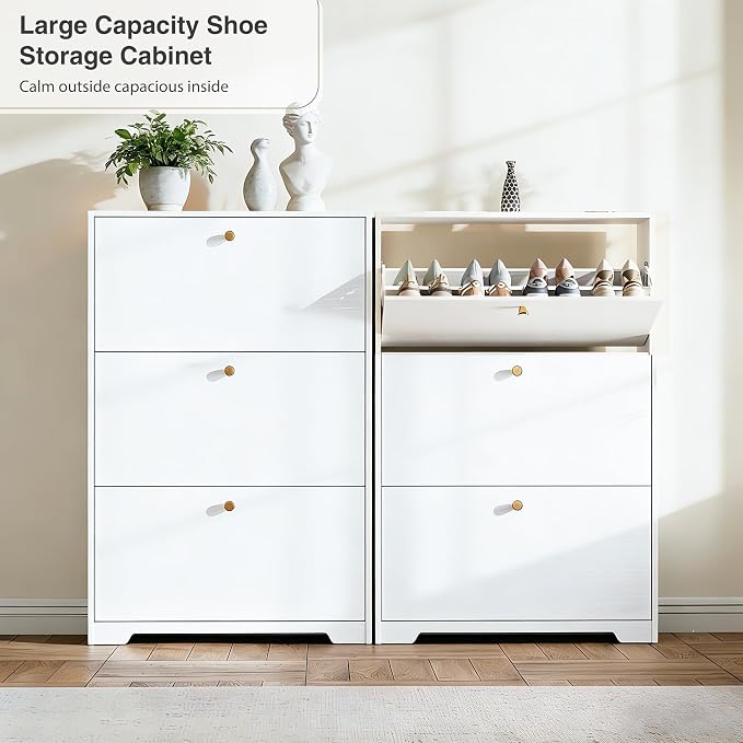 Nicetree Shoe Cabinet with 3 Flip Drawers, Modern Entryway Organizer, White | Narrow Shoe Organizer, Freestanding Shoe Rack Cabinet, Modern Shoe Storage Cabinet for Entryway, Hallway, Foyer, With Hook