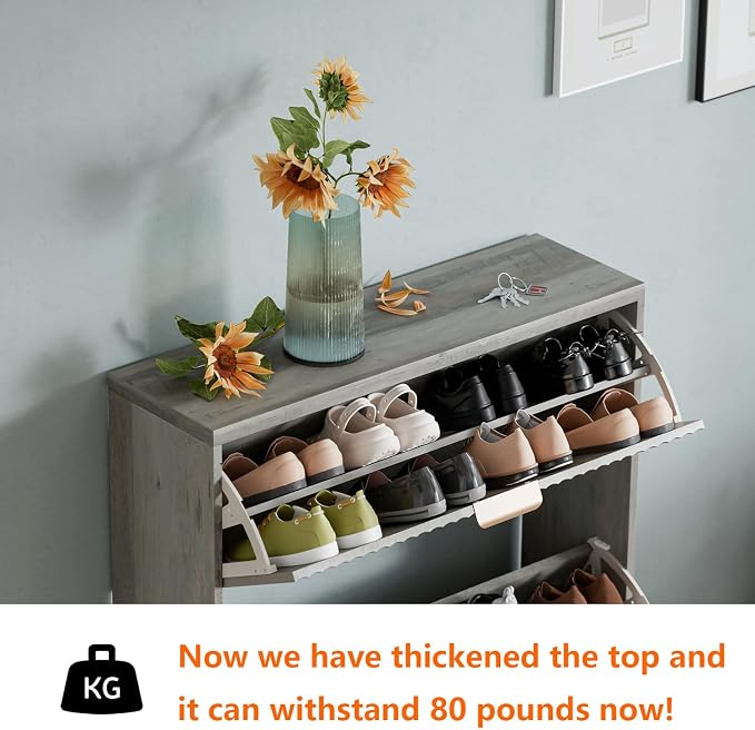 Shoe Cabinet Storage,Modern Freestanding Organizer with 2 Flip Drawers,Narrow Shoe Rack Cabinet for Entryway,Grey