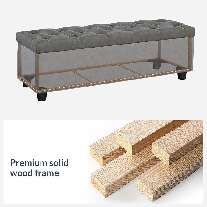BELLEZE Storage Ottoman, Tufted Ottoman with Close Hinge, Foot Rest for Living Room (Rustic Gray, 47 inch)