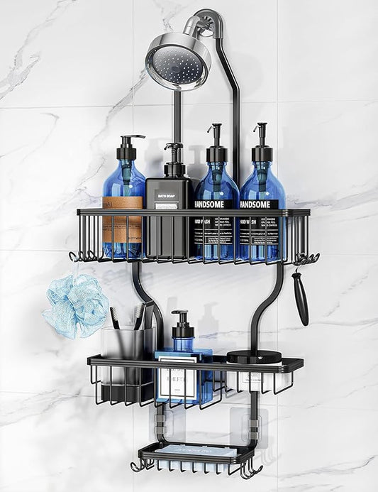 YASONIC Never Rust Shower Caddy Hanging, Aluminum Shower Racks for Inside Shower, 3-Tier Shower Organizer Hanging Over Shower Head with Hooks and Soap Holder, Black