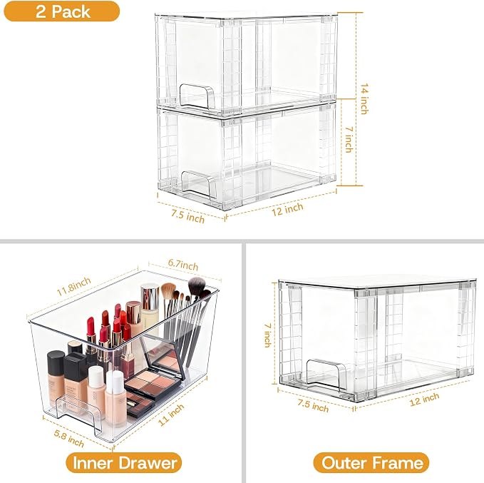 4 Pack Stackable Acrylic Storage Drawers – Clear Plastic Organizer Bins, Easy to Assemble, Suitable for Bathroom, Undersink, Kitchen, Pantry, Makeup, Medicine Organization