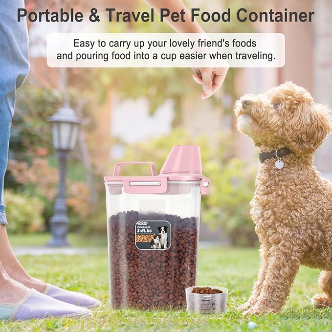 Dog Cat Food Storage Container with Cup (Pink, 2.5L) | Pet Food Pourable Container Airtight with Large Spout, BPA-Free Plastic Food Dispenser for Pet Food, Bird Seed, Rice, Flour