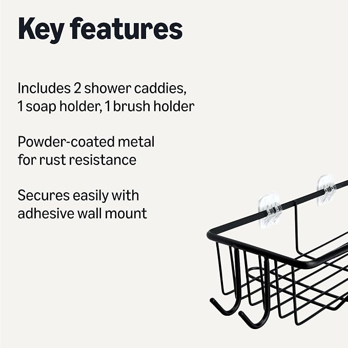 Amazon Basics Shower Shelves Organizer，5-Piece Stainless Steel Caddy Set with Soap Holder and Brush Holder, Adhesive Mount, Black | Pack of 5 Adhesive