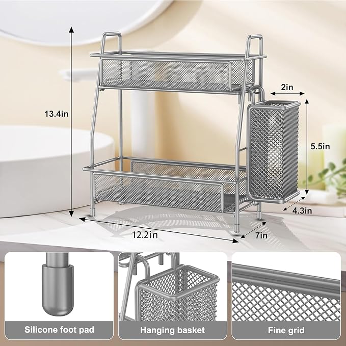 Spice Rack Organizer for Kitchen Counter, Spices Organizer and Storage Seasoning Organizer for Cabinet, Kitchen Metal Countertop Organizer with Side Basket (Grey)