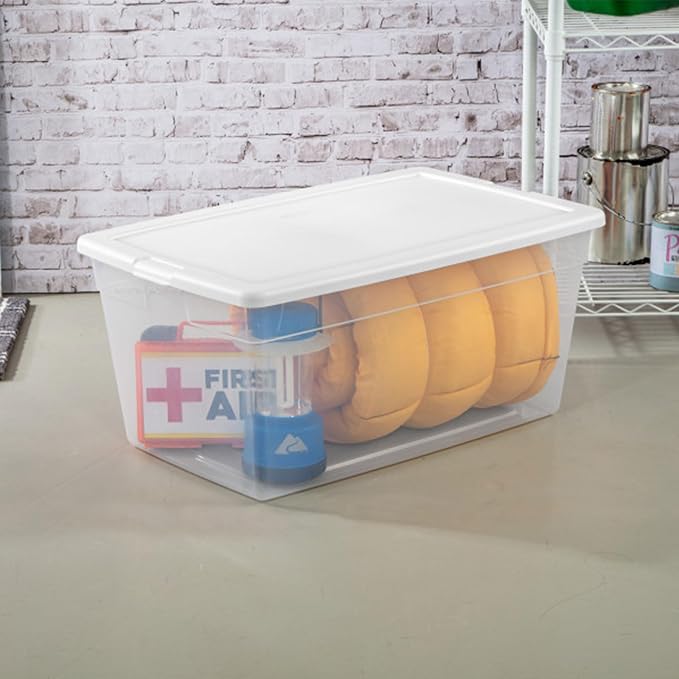 Sterilite Storage Box, Stackable Clear Plastic Bins, 90 Quart, 12-Pack | Heavy-Duty Organizing Containers with Snap-On Lids for Closet, Bathroom, and Office