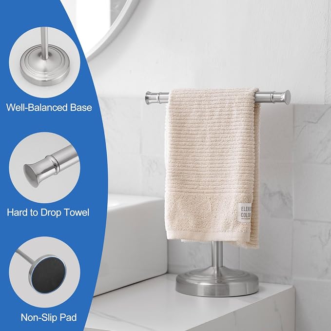 RUMOSE Brushed Nickel Hand Towel Holder Stand Countertop Towel Rack | 13 Inch Bathroom Kitchen Vanity T-Shape Towel Stand Free Standing Stainless Steel Towel Bar Towel Ring