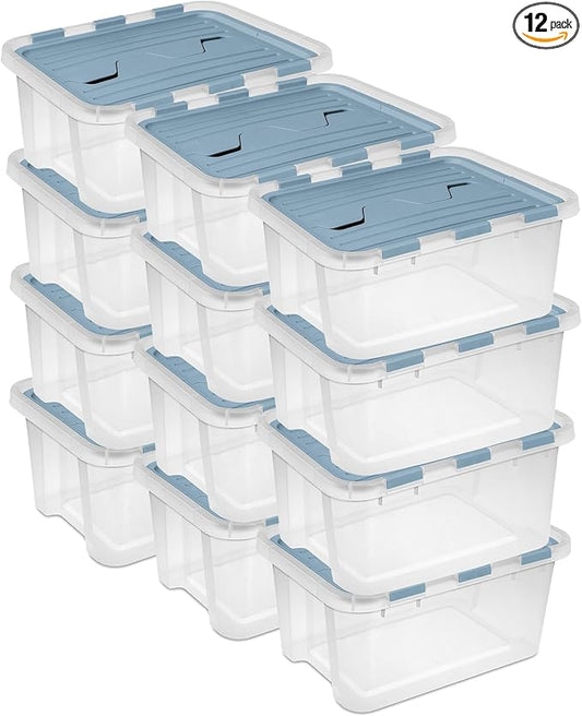 Sterilite Hinged Lid Storage Box Plastic Container, 20 Quart, 12-Pack | Washed Blue - Home Organizer Tote for Storing Shoes, Crafts, Clothing, or Decor