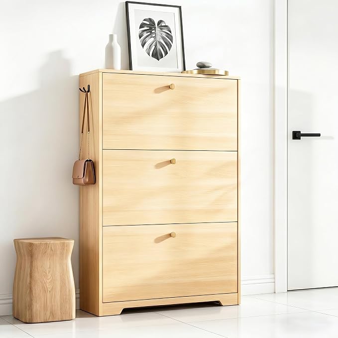 Nicetree Shoe Cabinet with 3 Flip Drawers, Entryway Storage, Natural Oak | Narrow Shoe Organizer, Freestanding Shoe Rack Cabinet, Modern Shoe Storage Cabinet for Entryway, Hallway, Foyer, With Hook