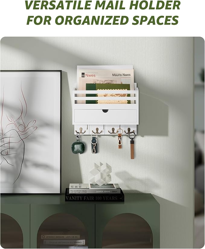 Rebee Vision Mail Organizer Wall Mount with Drawer for Living Room, White | Modern Key and Mail Holder for Wall, Drawer Organizer, 7 Key Hooks, Mail Sorter, Hallway, Office Essentials, Home Decor