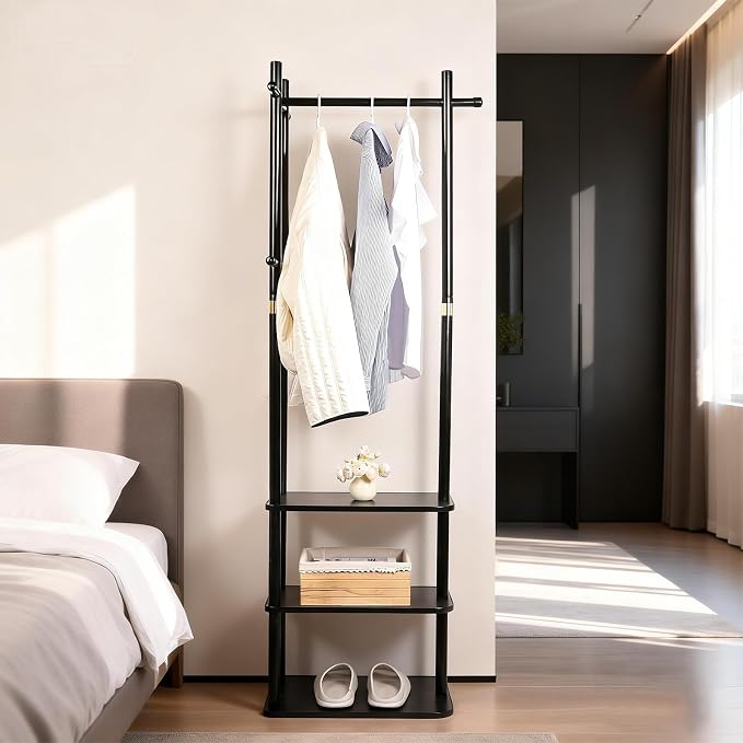 Wood Coat Rack Freestanding Clothing Rack with 3 Shelves and 5 Hooks | Heavy Duty Coat Tree Garment Rack Coat Hanger Stand for Corner Entryways Living Rooms and Bedrooms, Black