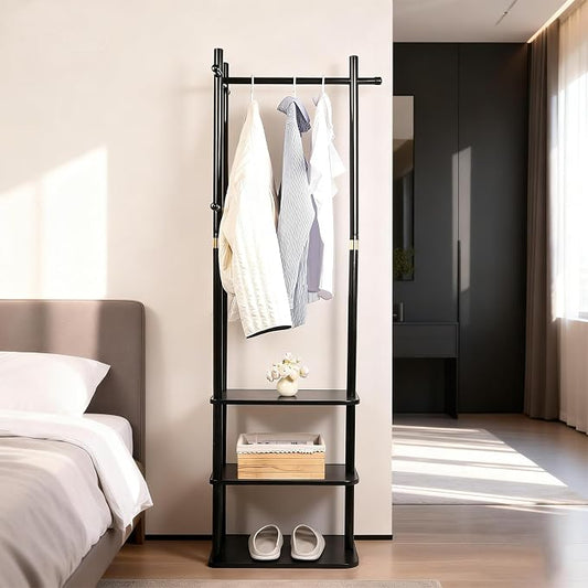 Wood Coat Rack Freestanding Clothing Rack with 3 Shelves and 5 Hooks | Heavy Duty Coat Tree Garment Rack Coat Hanger Stand for Corner Entryways Living Rooms and Bedrooms, Black
