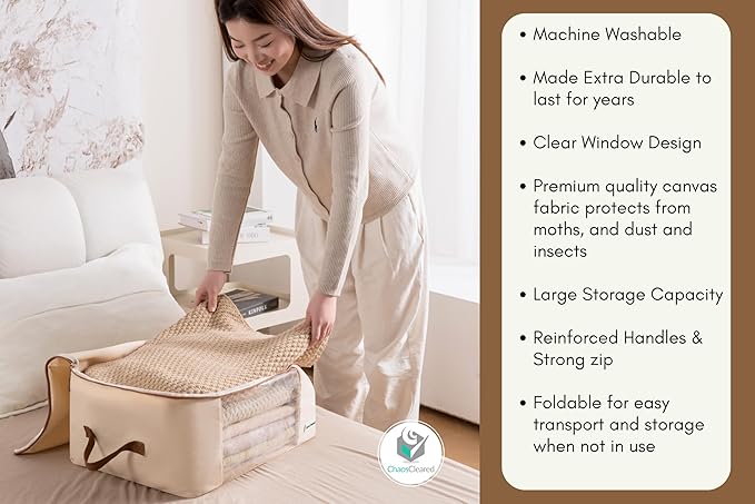 Chaos Cleared Canvas Storage Bags Designer Organizer for Clothing 2 Pack – Clothes Organizers for sweaters, clothing, garment, bedding, quilt, linens, large bag with zip & window, mothproof