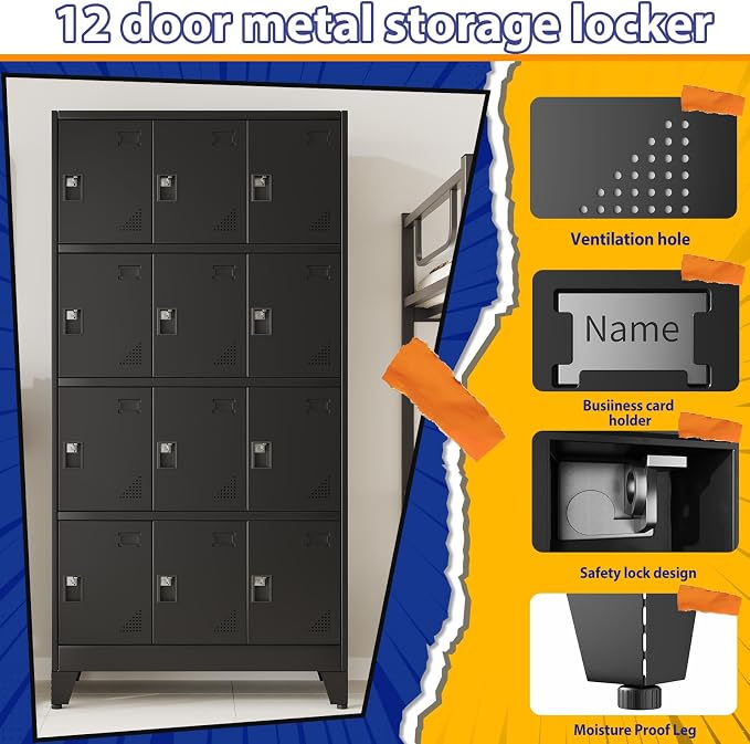 PAOFIN Metal Storage Lockers for Employees with Lock,Metal Storage Locker with 12 Doors for School Garage Office Gym Bedroom,Assembly Required,12 Door Black