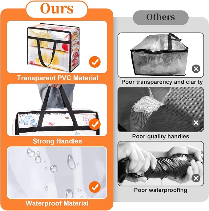 SpaceTrove Clear Storage Bags, 8-Pack Under Bed and Closet Organizers 60L | Clear PVC bags with zippers and handles, foldable waterproof moving bags store comforters, blankets, bedding, clothes and toy