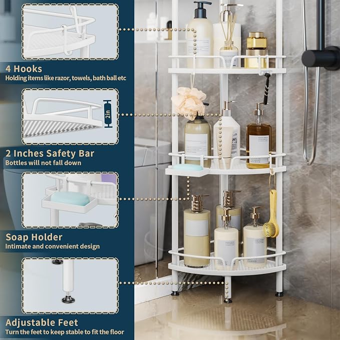 Consumest Corner Shower Organizer Stand - 4 Tier Shower Caddy with Soap Holder, Standing Tall Floor Shower Stand with Adjustable Feet & 4 Hooks, Shower Shelf Rack Storage for Bathroom White