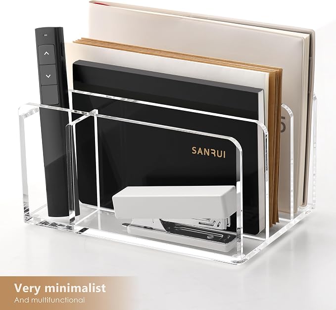 SANRUI Acrylic Mail Sorter Desk Organizer with Pen Holder, 3 Compartments | Clear Small File Script Letter Document Storage for Desktop Bill Filling Envelope Holder Office, Home, School Organization