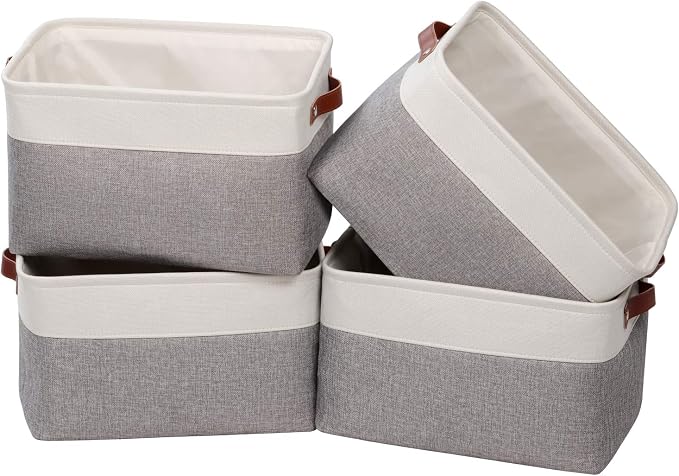 Univivi Fabric Storage Baskets for Shelves,15X10.5X9.5 Inch,Gray,4 Pack | Large Capacity,Metal Frame,Hard Cardboard Bottom,Foldable,Linen Closet Baskets with PU Handles