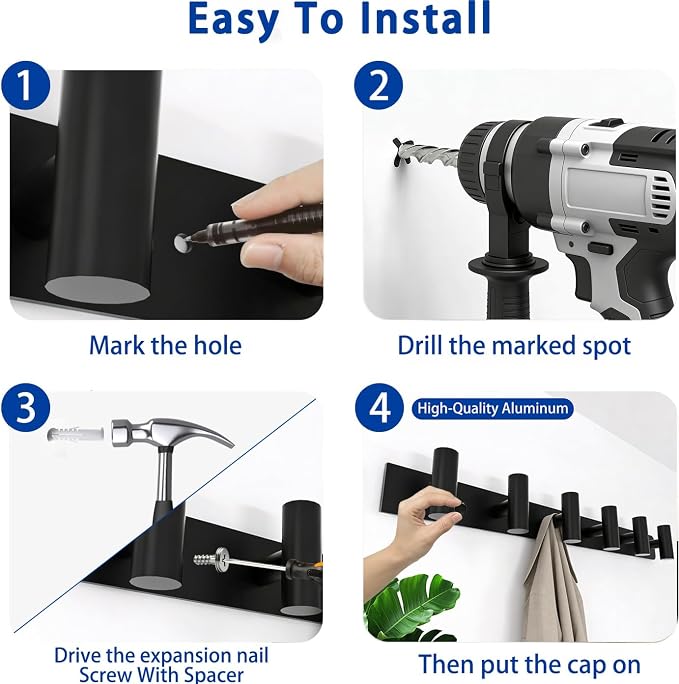 Matte Black Coat Rack Wall Mount - 6 Hooks, Heavy Duty Stainless Steel Wall Hooks for Towels, Coats, Robes, Bags, Hats, Keys, Wall Coat Hanger for Bathroom, Entryway, Kitchen, Hotel, Bedroom, Office